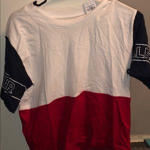 White, red, and blue hollister shirt